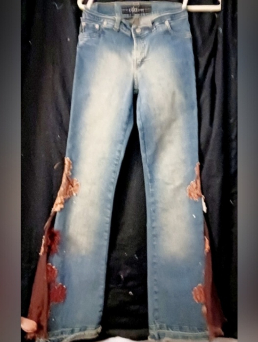 CELO Blue Denim Flare Jeans with Brown Lace Insets